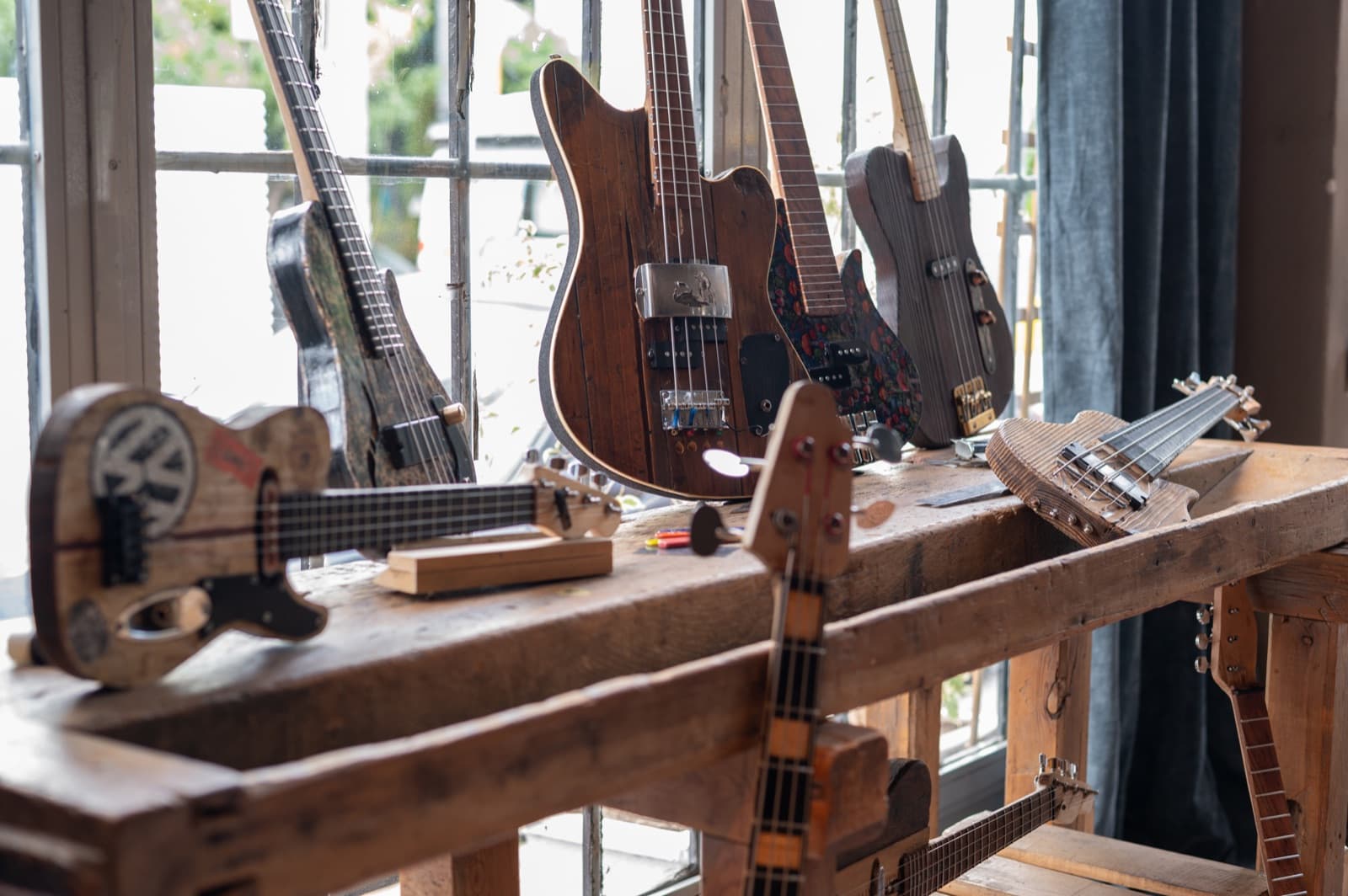Finished instruments by the workshop window